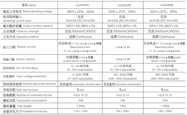 无功功率自动补偿控制器技术参数